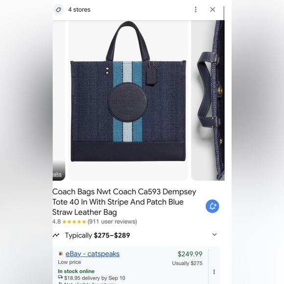 BRAND NEW Coach Dempsey Tote 40 In With Stripe And Patch Blue Straw Leather Bag - Picture 1 of 2